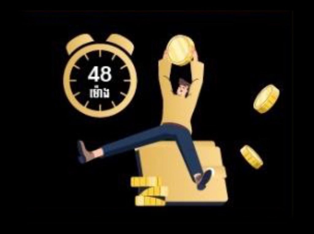 Illustration of a person holding a gold coin with a 48-hour timer and coins falling around.