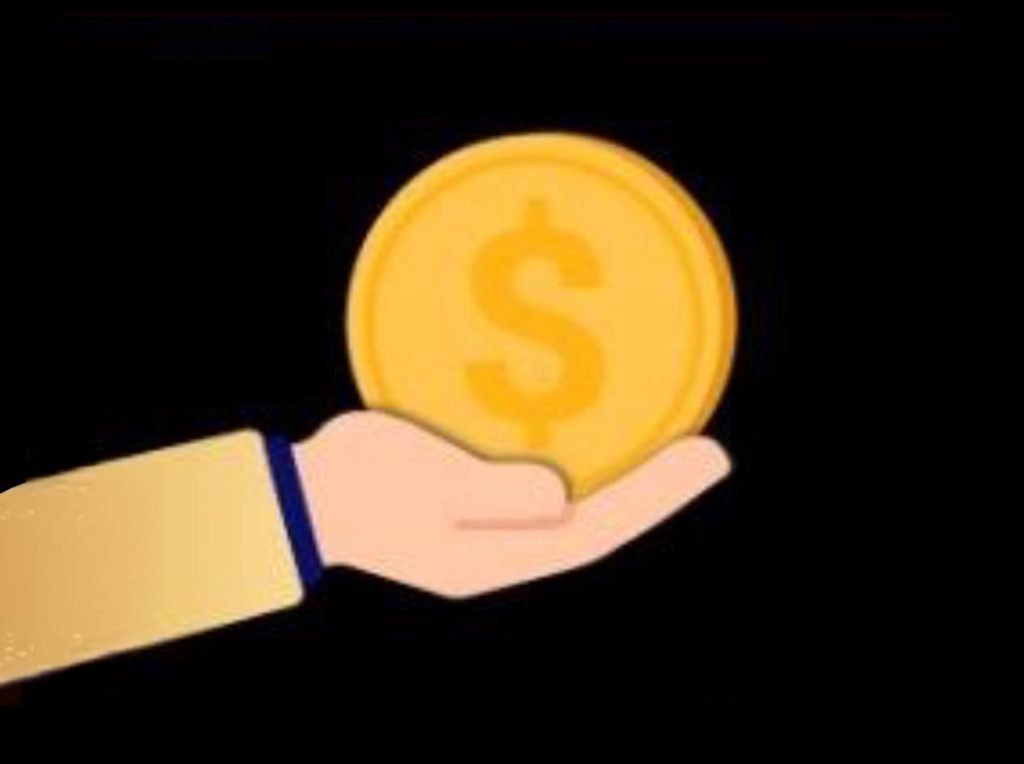 Illustration of a hand holding a gold coin with a dollar symbol.