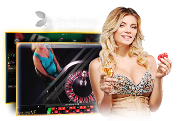 Woman holding a poker chip and drink in front of Evolution Gaming live casino roulette screen.
