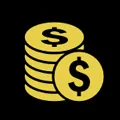 Yellow coin stack icon with dollar symbols on a black background.