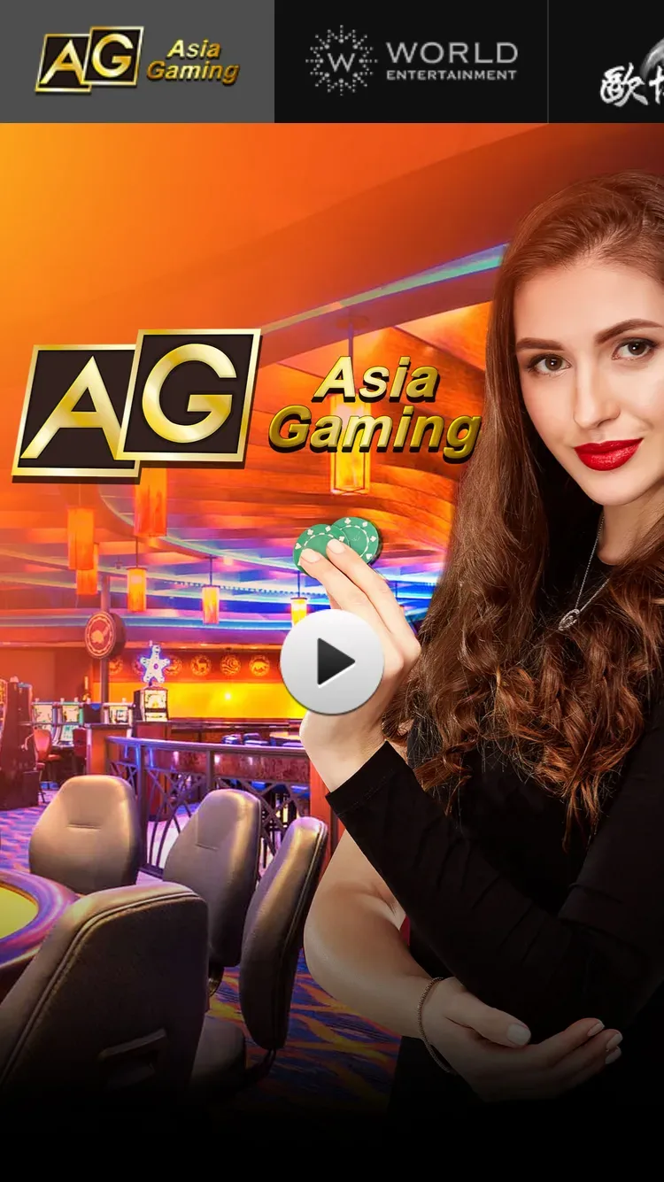 Asia Gaming live dealer holding poker chips inside a vibrant casino.