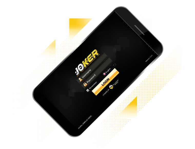 JOKER mobile app login screen displayed on a tilted smartphone with username and password fields.