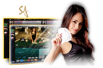 SA Gaming live casino dealer holding playing cards with game table interface.