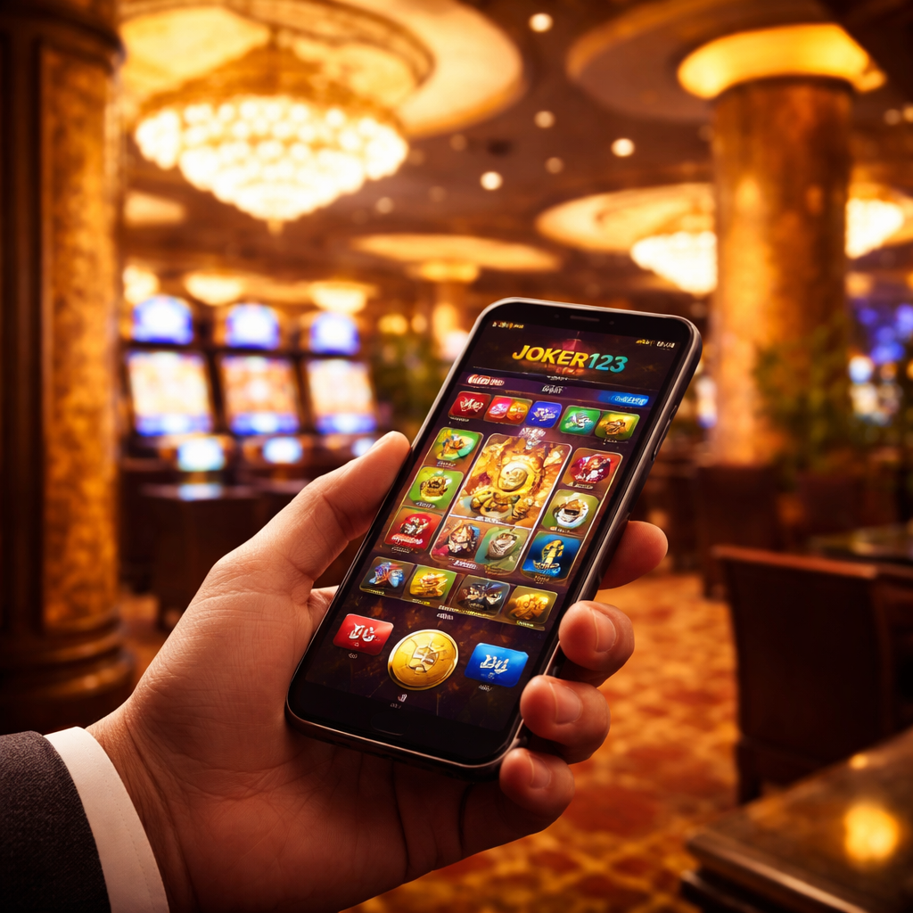 Smartphone displaying a colorful slot game interface inside a premium casino environment with elegant lighting and Southeast Asian decorative elements.