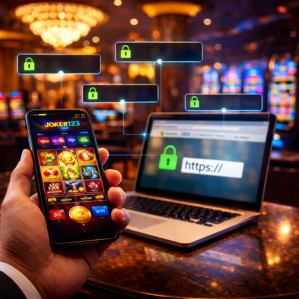 Person holding a smartphone with a slot game interface connected to a laptop in a casino-style environment with security lock icons symbolizing safe multi-device access.