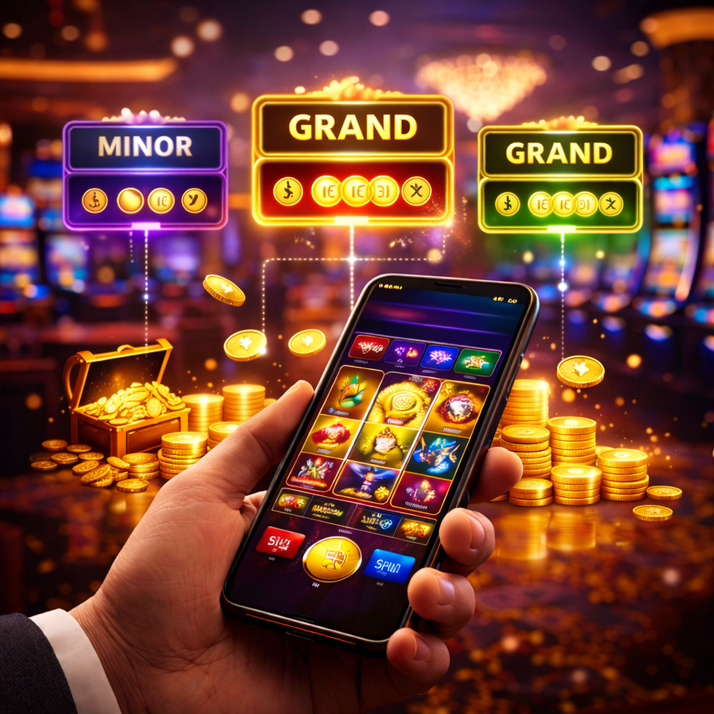 Smartphone displaying colorful slot reels with jackpot tiers and glowing counters in a casino-style environment, illustrating how slot jackpots work.