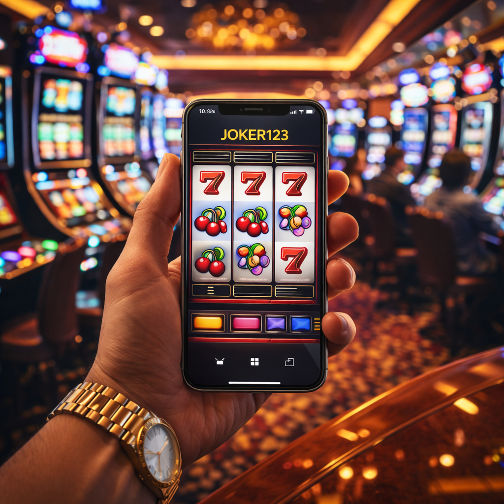 First person view of a hand holding an iPhone displaying a Joker123 slot machine game inside a luxurious casino with glowing slot machines in the background