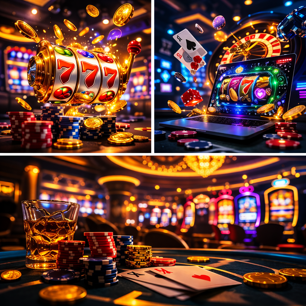 Close-up of a glowing casino slot machine releasing gold coins on a casino table with poker chips and playing cards in a luxury casino environment