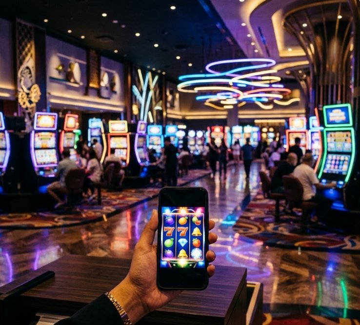 A close-up view of a person's hand holding a smartphone displaying a colorful digital slot machine game. In the background, there is a vibrant and busy casino floor with numerous slot machines and people playing.